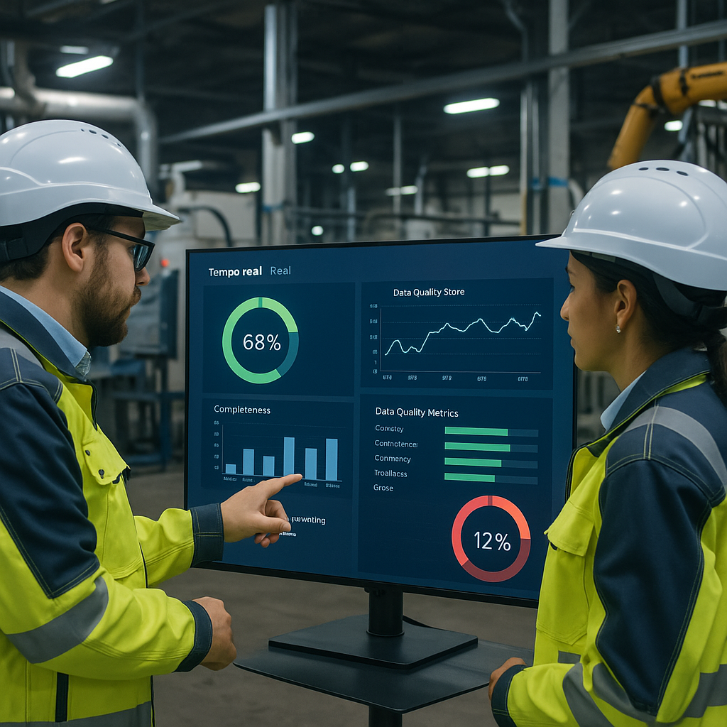 Engenheiros em ambiente industrial analisando dash